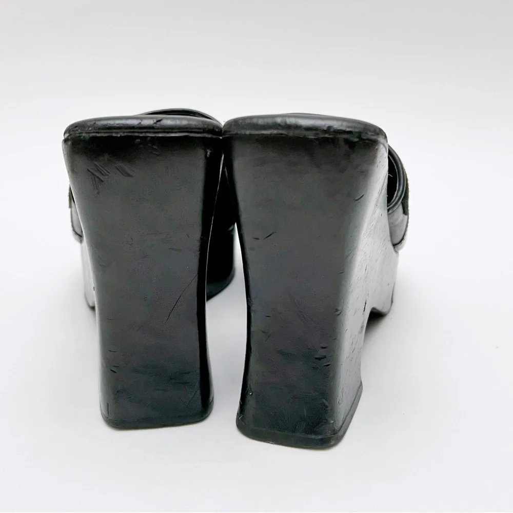 Vintage 90s Y2K Steve Madden Black Patchwork Leather Wood Platform Sandals - Picture 8 of 11